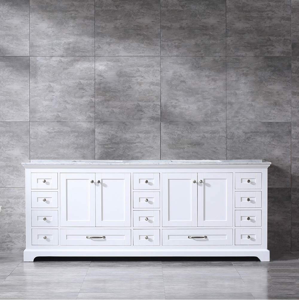 Lexora Dukes 84'' White Double Vanity, White Carrara Marble Top, White Square Sinks and no Mirror