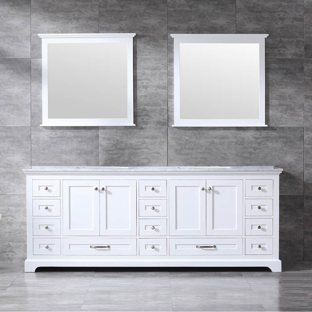 Lexora Dukes 84'' White Double Vanity, White Carrara Marble Top, White Square Sinks and 34'' Mirrors