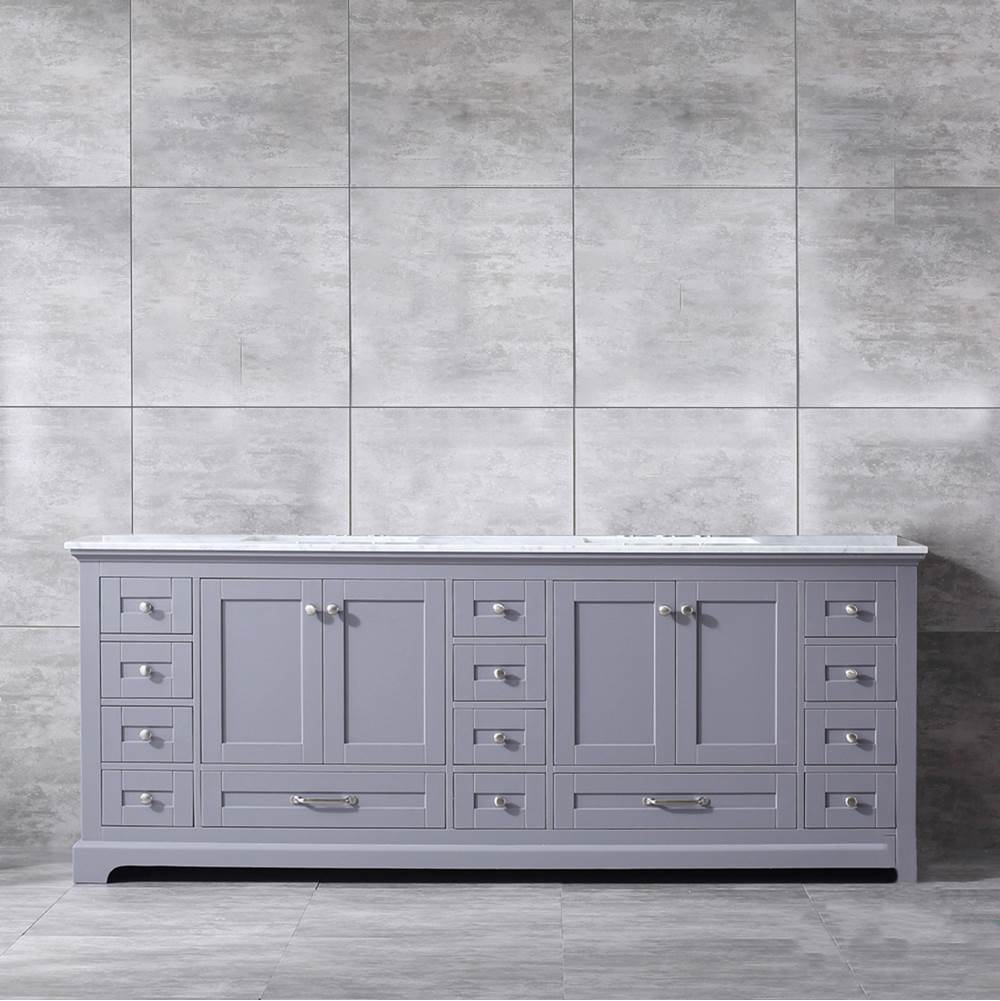 Lexora Dukes 84'' Dark Grey Double Vanity, White Carrara Marble Top, White Square Sinks and no Mirror
