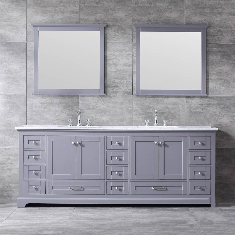 Lexora Dukes 84'' Dark Grey Double Vanity, White Carrara Marble Top, White Square Sinks and 34'' Mirrors w/ Faucets
