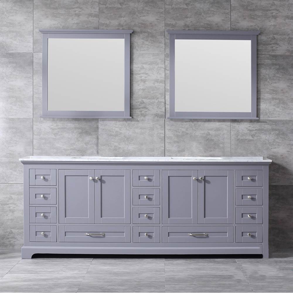 Lexora Dukes 84'' Dark Grey Double Vanity, White Carrara Marble Top, White Square Sinks and 34'' Mirrors