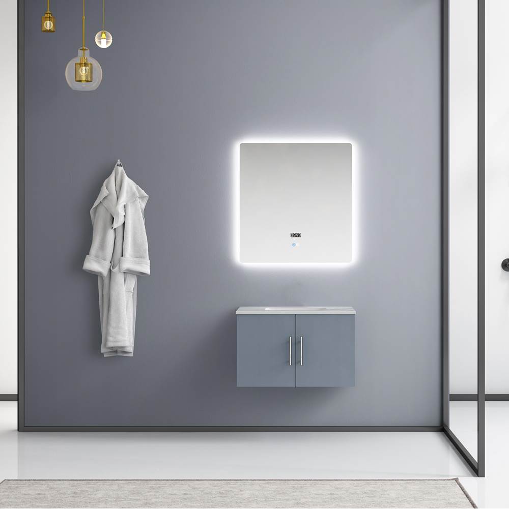 Lexora Geneva 30'' Dark Grey Single Vanity, White Carrara Marble Top, White Square Sink and 30'' LED Mirror