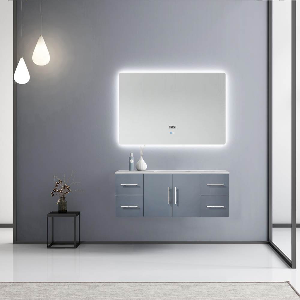 Lexora Geneva 48'' Dark Grey Single Vanity, White Carrara Marble Top, White Square Sink and 48'' LED Mirror