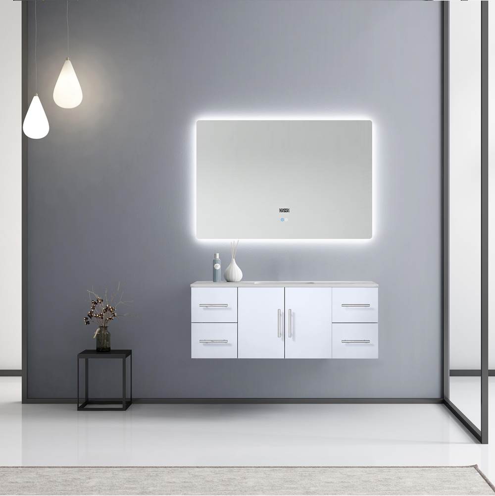 Lexora Geneva 48'' Glossy White Single Vanity, White Carrara Marble Top, White Square Sink and 48'' LED Mirror