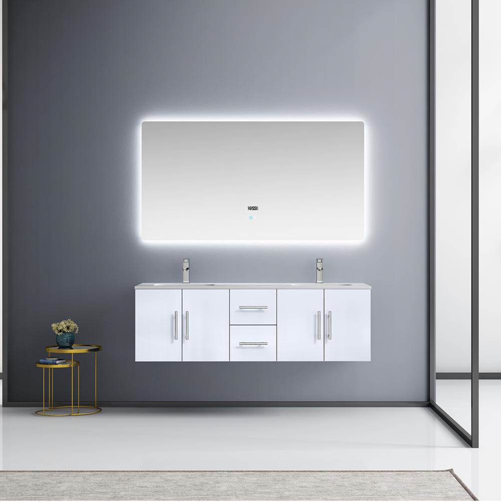 Lexora Geneva 60'' Glossy White Double Vanity, White Carrara Marble Top, White Square Sinks and 60'' LED Mirror w/ Faucets