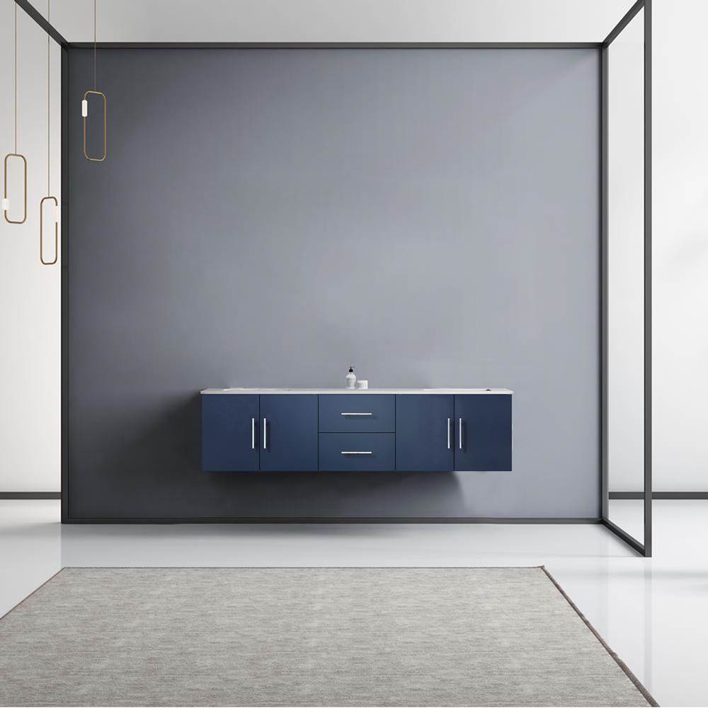 Lexora Geneva 72'' Navy Blue Double Vanity, White Carrara Marble Top, White Square Sinks and no Mirror
