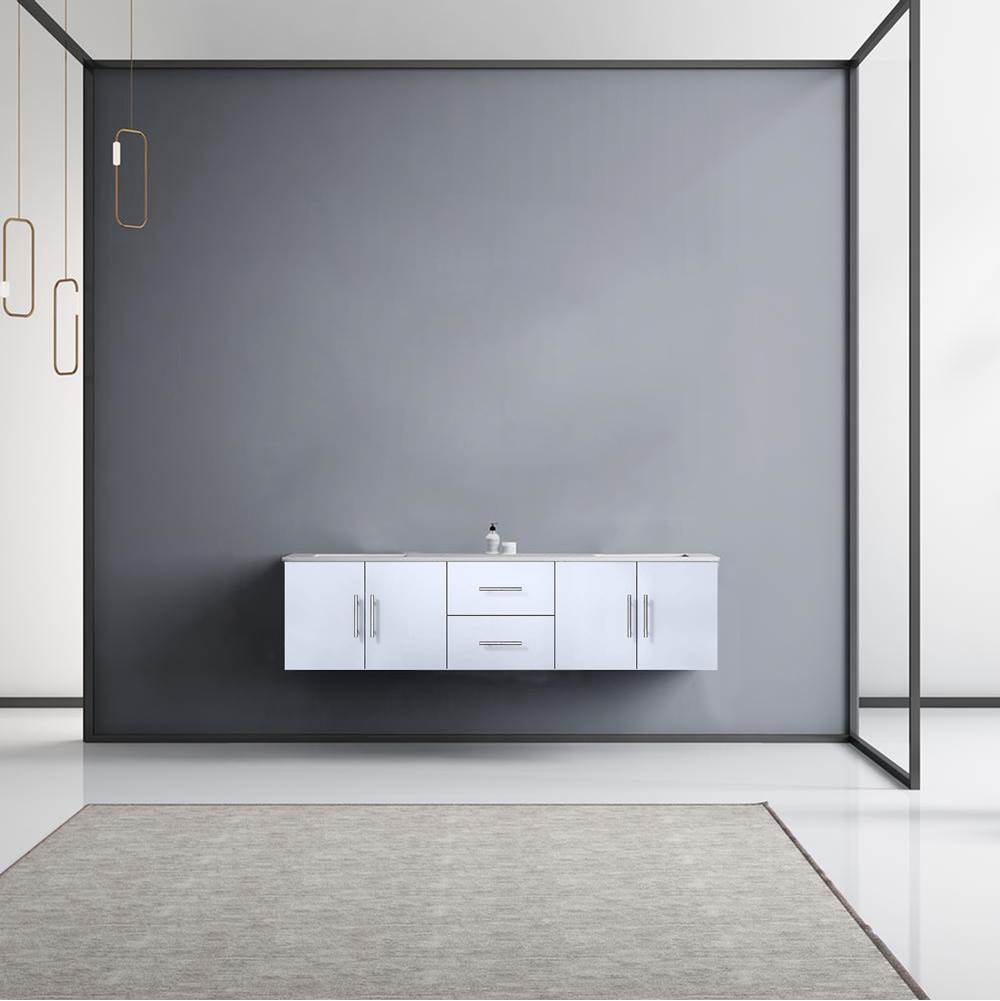 Lexora Geneva 72'' Glossy White Double Vanity, White Carrara Marble Top, White Square Sinks and no Mirror