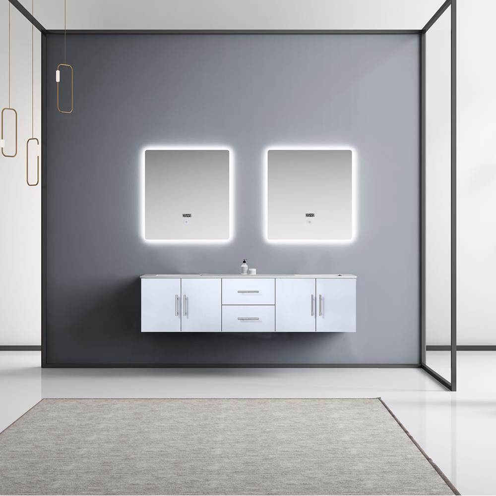 Lexora Geneva 72'' Glossy White Double Vanity, White Carrara Marble Top, White Square Sinks and 30'' LED Mirrors