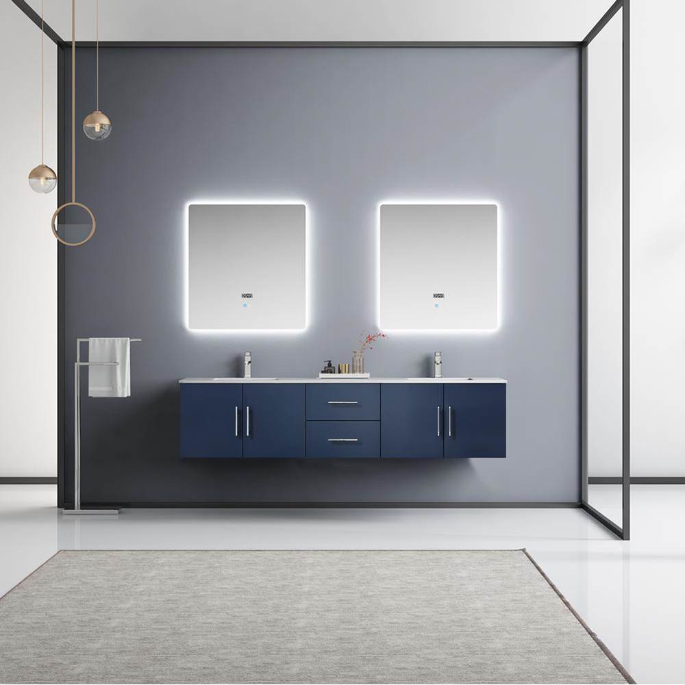 Lexora Geneva 80'' Navy Blue Double Vanity, White Carrara Marble Top, White Square Sinks and 30'' LED Mirrors w/ Faucets
