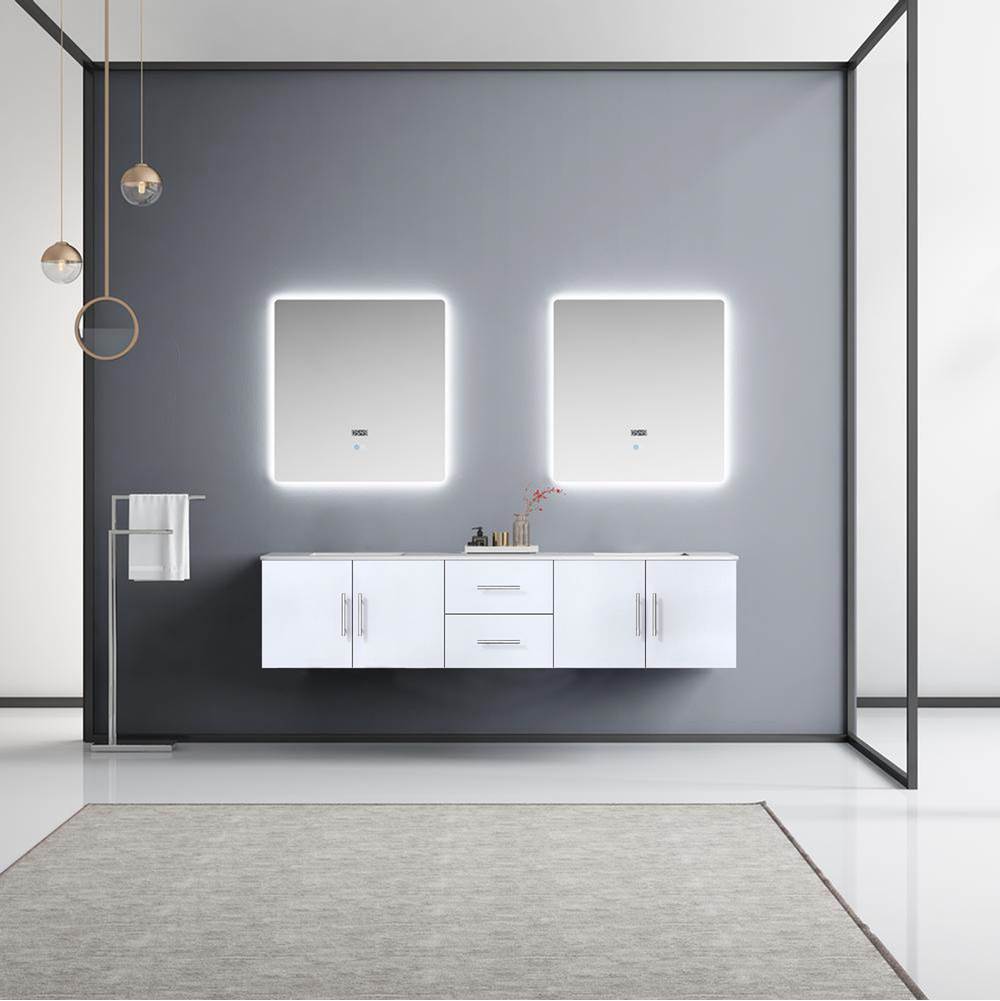 Lexora Geneva 80'' Glossy White Double Vanity, White Carrara Marble Top, White Square Sinks and 30'' LED Mirrors