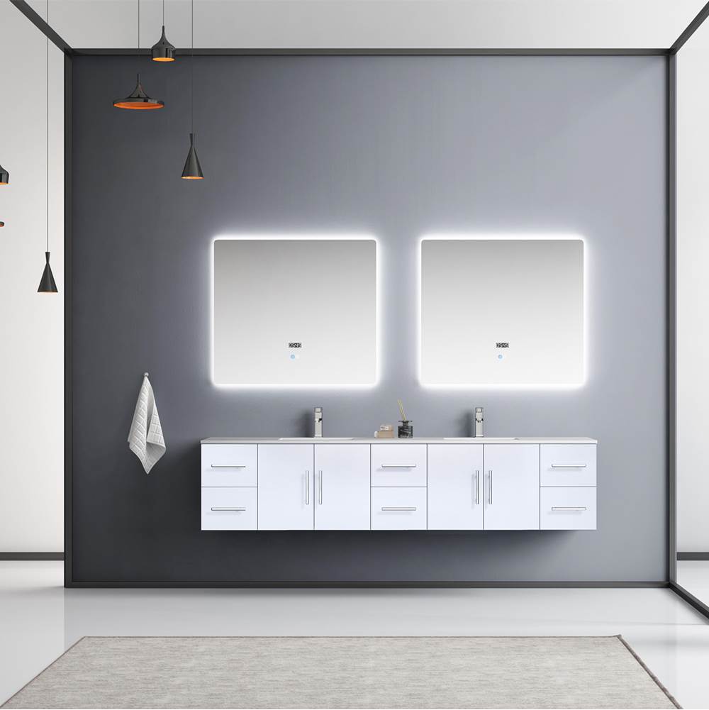 Lexora Geneva 84'' Glossy White Double Vanity, White Carrara Marble Top, White Square Sinks and 36'' LED Mirrors w/ Faucets