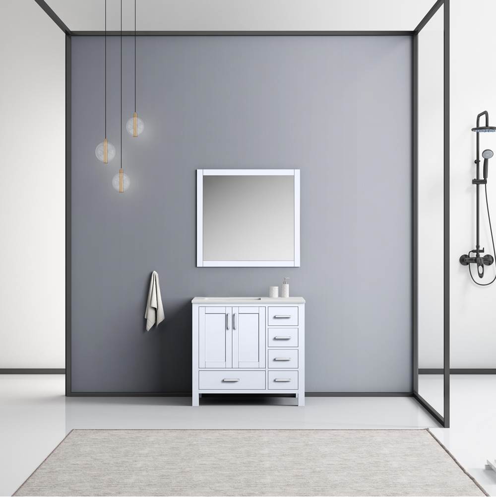 Lexora Jacques 36'' White Single Vanity, White Carrara Marble Top, White Square Sink and 34'' Mirror - Left Version