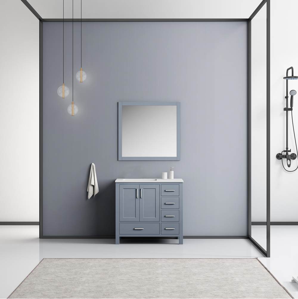 Lexora Jacques 36'' Dark Grey Single Vanity, White Carrara Marble Top, White Square Sink and 34'' Mirror - Left Version