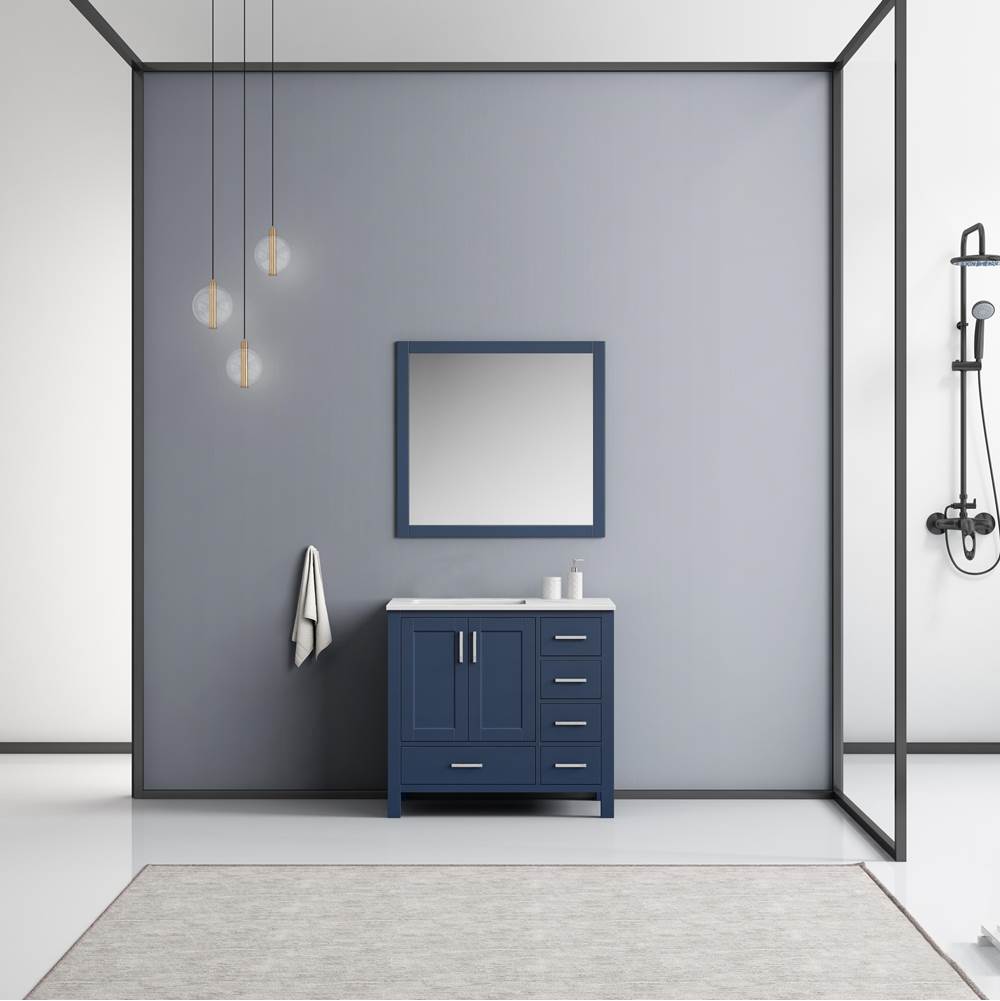 Lexora Jacques 36'' Navy Blue Single Vanity, White Carrara Marble Top, White Square Sink and 34'' Mirror - Left Version
