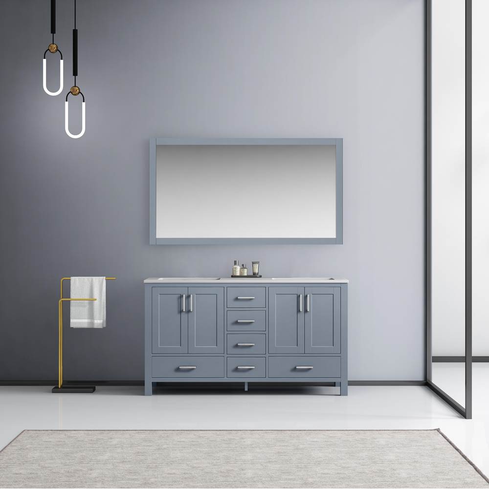 Lexora Jacques 60'' Dark Grey Double Vanity, White Carrara Marble Top, White Square Sinks and 58'' Mirror