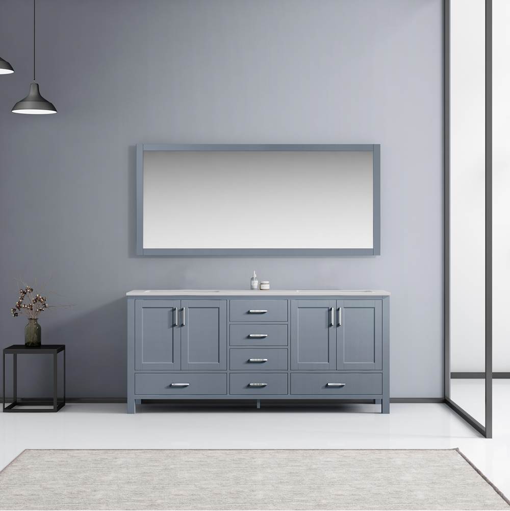 Lexora Jacques 72'' Dark Grey Double Vanity, White Carrara Marble Top, White Square Sinks and 70'' Mirror