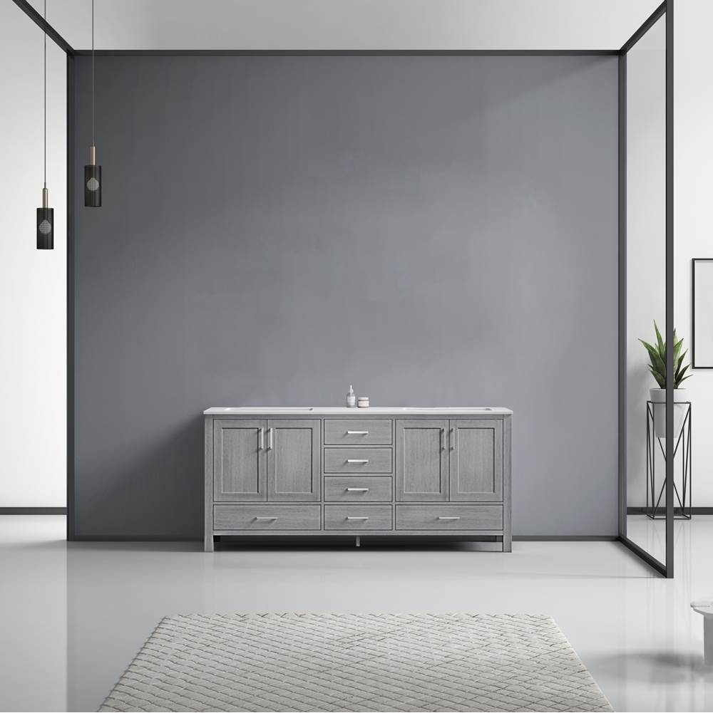 Lexora Jacques 72'' Distressed Grey Double Vanity, White Carrara Marble Top, White Square Sinks and no Mirror