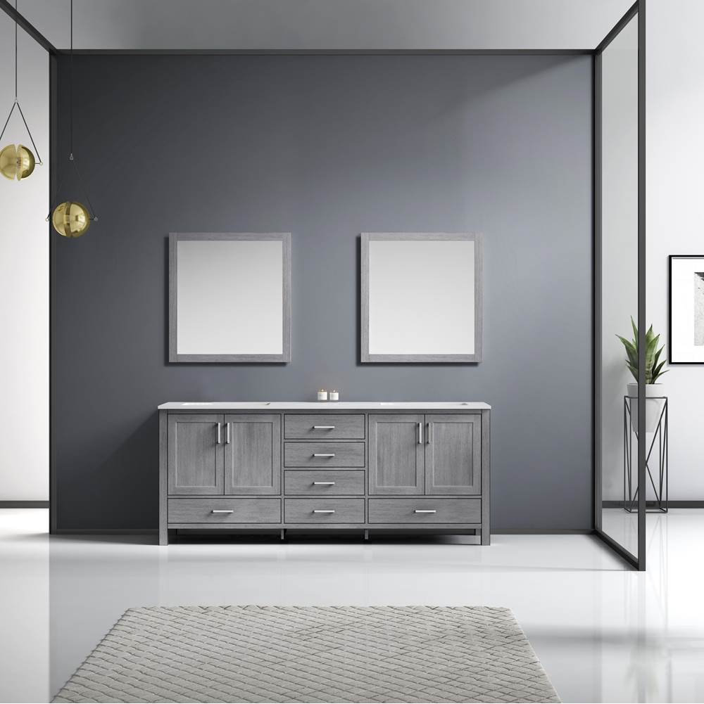 Lexora Jacques 80'' Distressed Grey Double Vanity, White Carrara Marble Top, White Square Sinks and 30'' Mirrors w/ Faucets