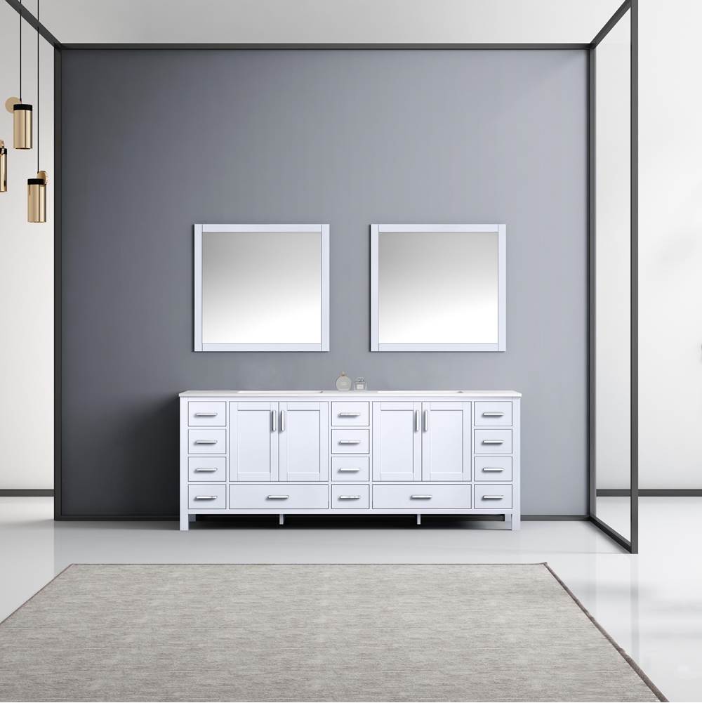 Lexora Jacques 84'' White Double Vanity, White Carrara Marble Top, White Square Sinks and 34'' Mirrors