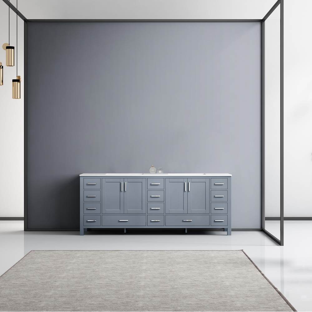 Lexora Jacques 84'' Dark Grey Double Vanity, White Carrara Marble Top, White Square Sinks and no Mirror