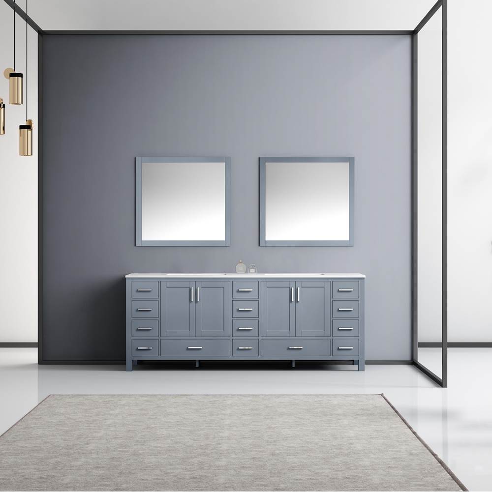 Lexora Jacques 84'' Dark Grey Double Vanity, White Carrara Marble Top, White Square Sinks and 34'' Mirrors