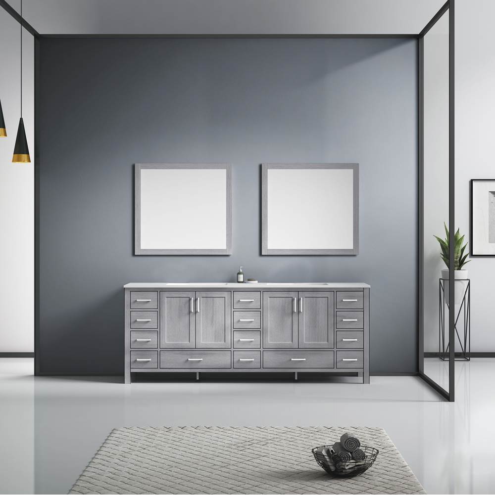Lexora Jacques 84'' Distressed Grey Double Vanity, White Carrara Marble Top, White Square Sinks and 34'' Mirrors