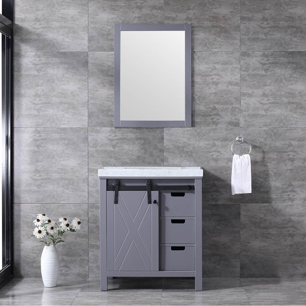 Lexora Marsyas 30'' Dark Grey Single Vanity, White Carrara Marble Top, White Square Sink and 28'' Mirror