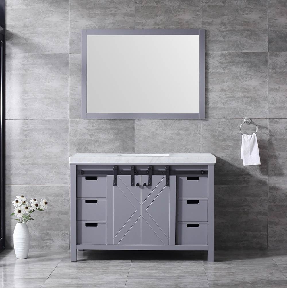 Lexora Marsyas 48'' Dark Grey Single Vanity, White Carrara Marble Top, White Square Sink and 44'' Mirror