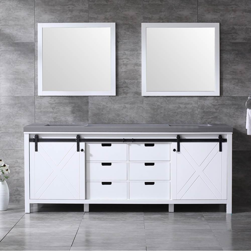 Lexora Marsyas 84'' White Double Vanity, Grey Quartz Top, White Square Sinks and 34'' Mirrors