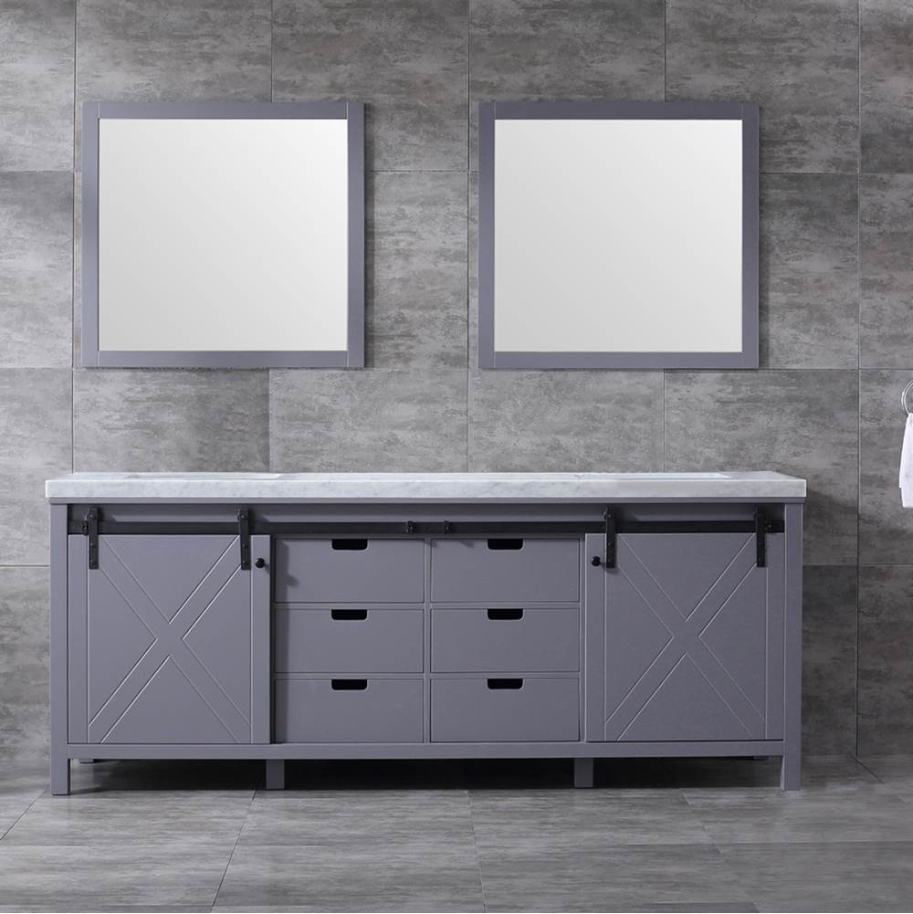 Lexora Marsyas 84'' Dark Grey Double Vanity, White Carrara Marble Top, White Square Sinks and 34'' Mirrors