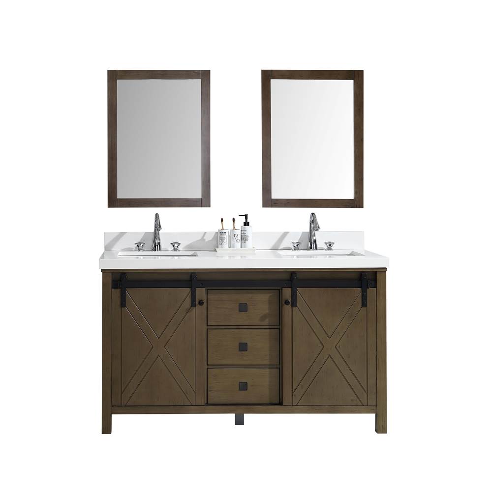 Lexora Marsyas Veluti 60'' Rustic Brown Double Vanity, White Quartz Top, White Square Sinks and 24'' Mirrors