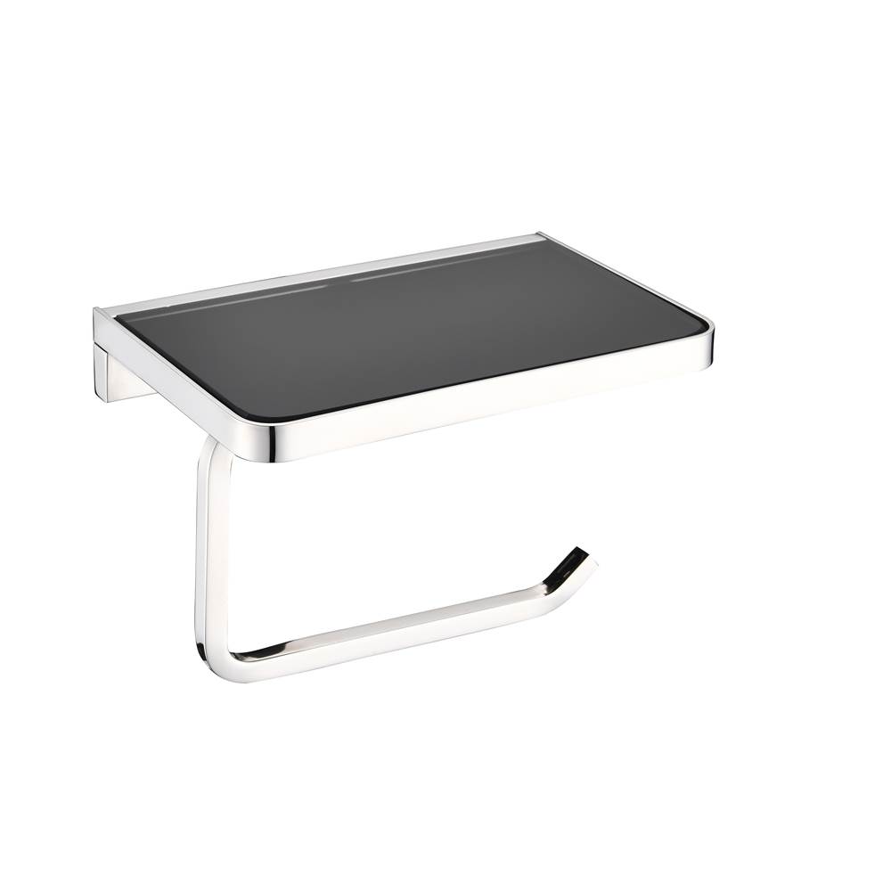Lexora Bagno Bianca Stainless Steel Black Glass Shelf w/ Toilet Paper Holder - Chrome