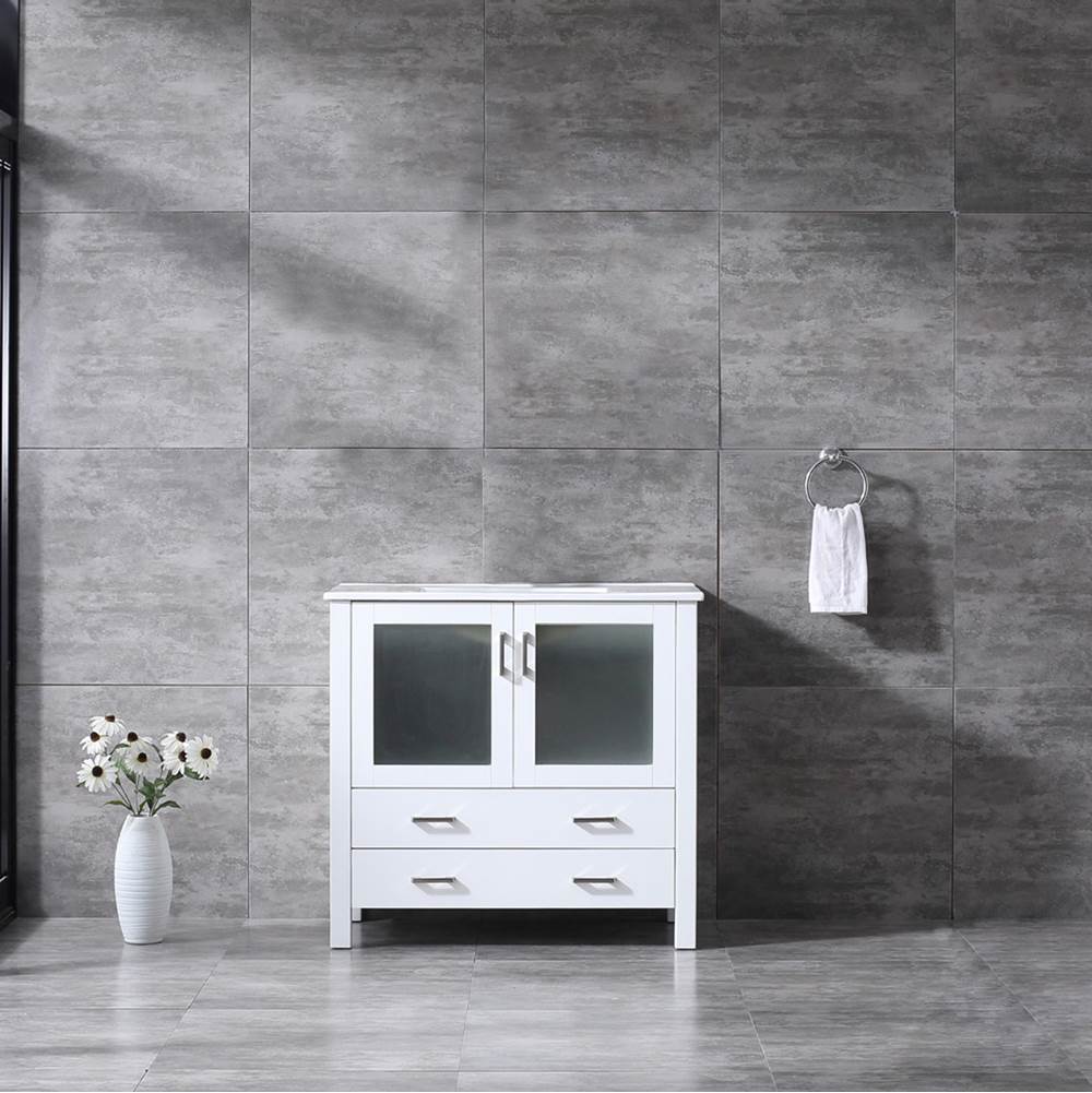 Lexora Volez 36'' White Single Vanity, Integrated Top, White Integrated Square Sink and no Mirror