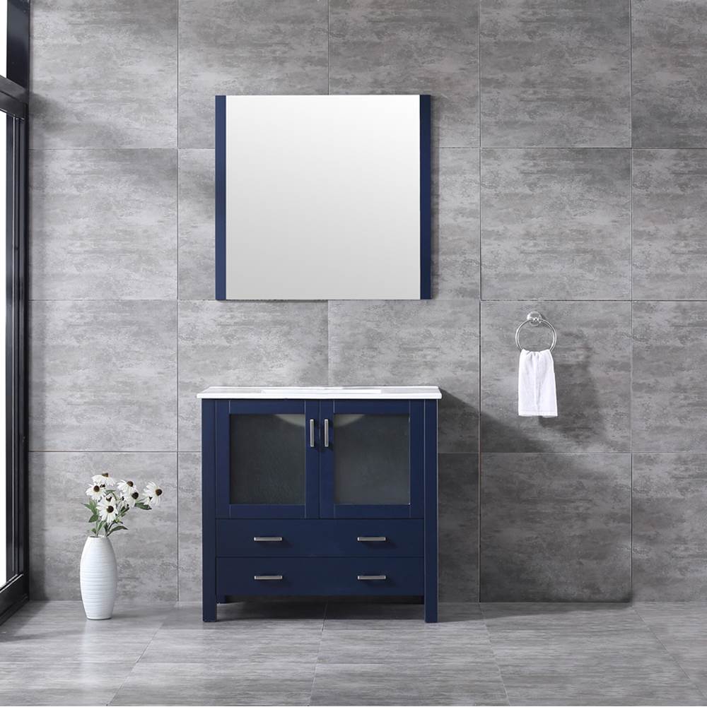 Lexora Volez 36'' Navy Blue Single Vanity, Integrated Top, White Integrated Square Sink and 34'' Mirror