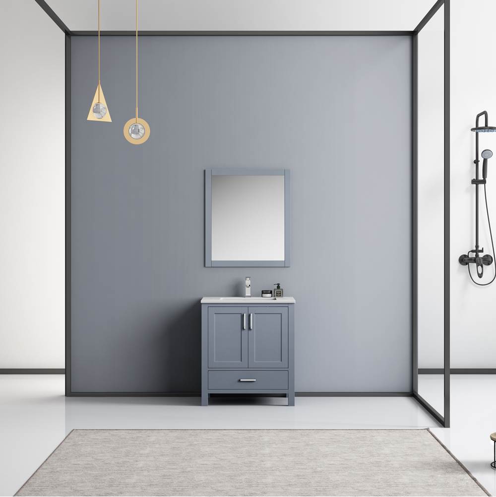 Lexora Jacques 30'' Dark Grey Single Vanity, White Carrara Marble Top, White Square Sink and 28'' Mirror w/ Faucet