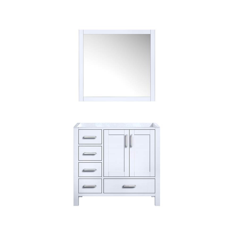 Lexora Jacques 36'' White Single Vanity, no Top and 34'' Mirror - Right Version