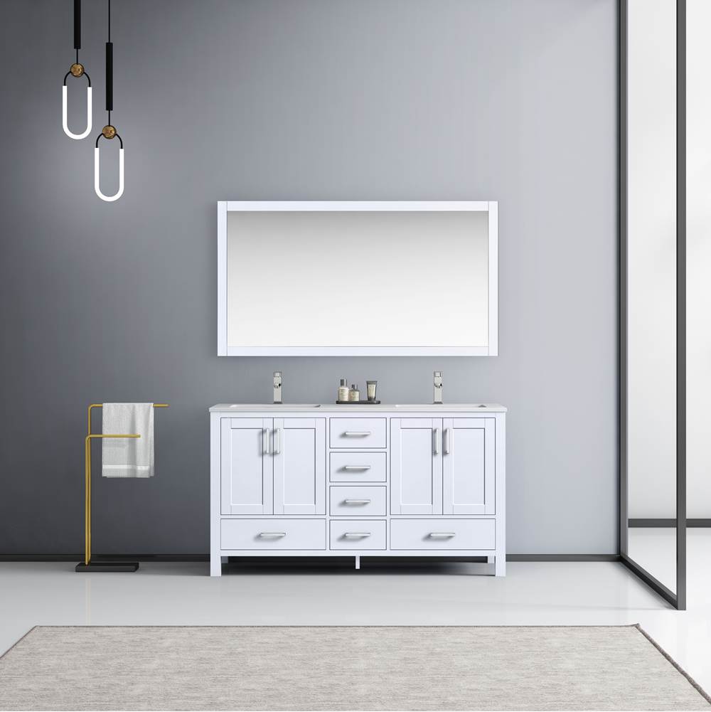 Lexora Jacques 60'' White Double Vanity, White Carrara Marble Top, White Square Sinks and 58'' Mirror w/ Faucets