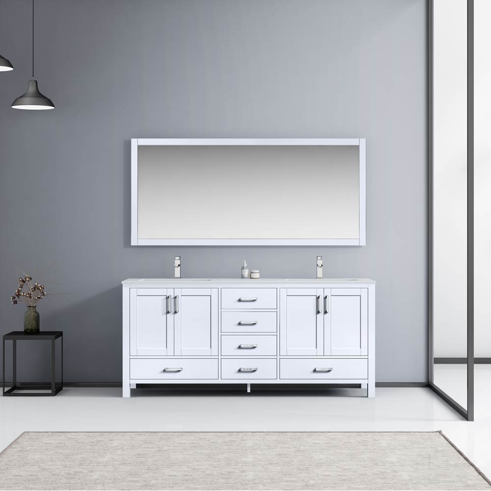 Lexora Jacques 72'' White Double Vanity, White Carrara Marble Top, White Square Sinks and 70'' Mirror w/ Faucets