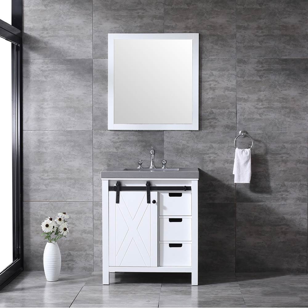 Lexora Marsyas 30'' White Single Vanity, Grey Quartz Top, White Square Sink and 28'' Mirror w/ Faucet