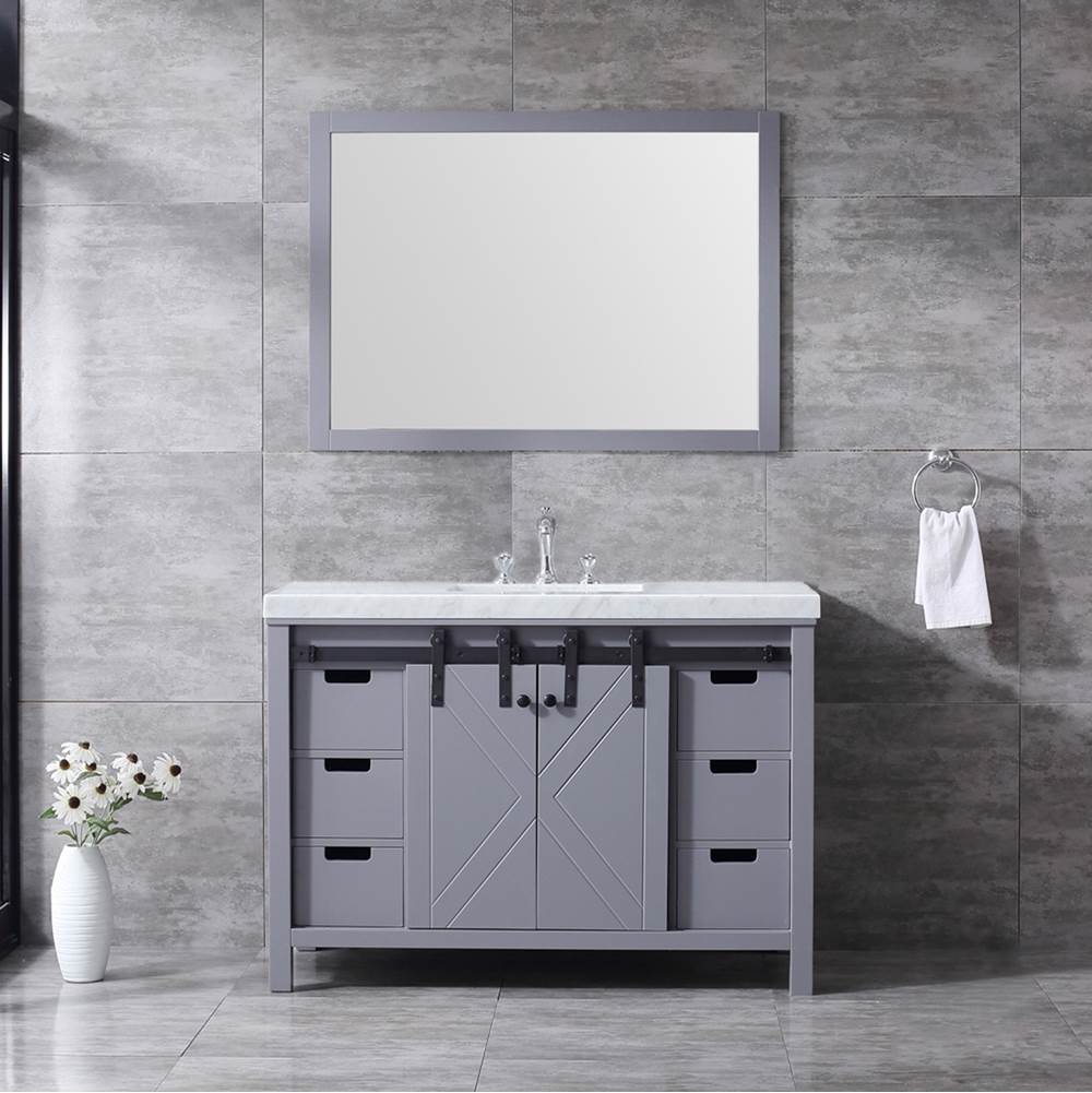 Lexora Marsyas 48'' Dark Grey Single Vanity, White Carrara Marble Top, White Square Sink and 44'' Mirror w/ Faucet