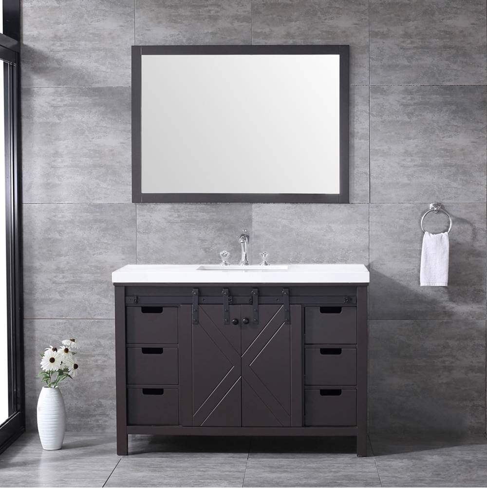 Lexora Marsyas 48'' Brown Single Vanity, White Quartz Top, White Square Sink and 44'' Mirror w/ Faucet