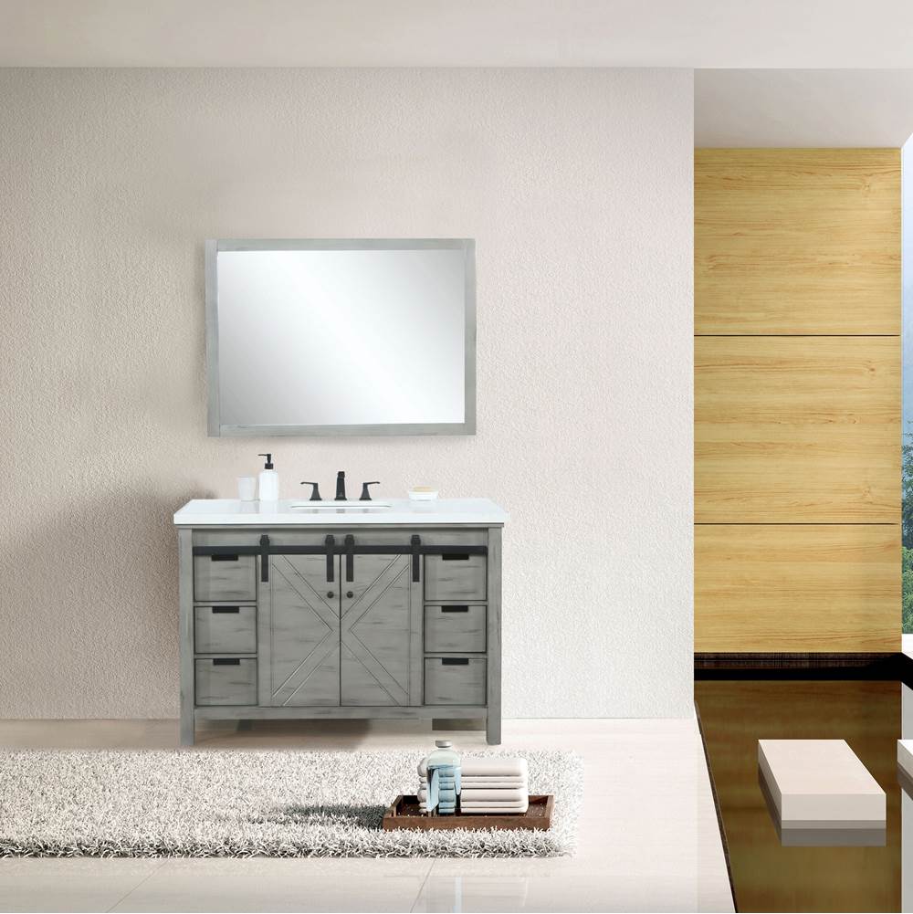 Lexora Marsyas 48'' Ash Grey Single Vanity, White Quartz Top, White Square Sink and 44'' Mirror w/ Faucet