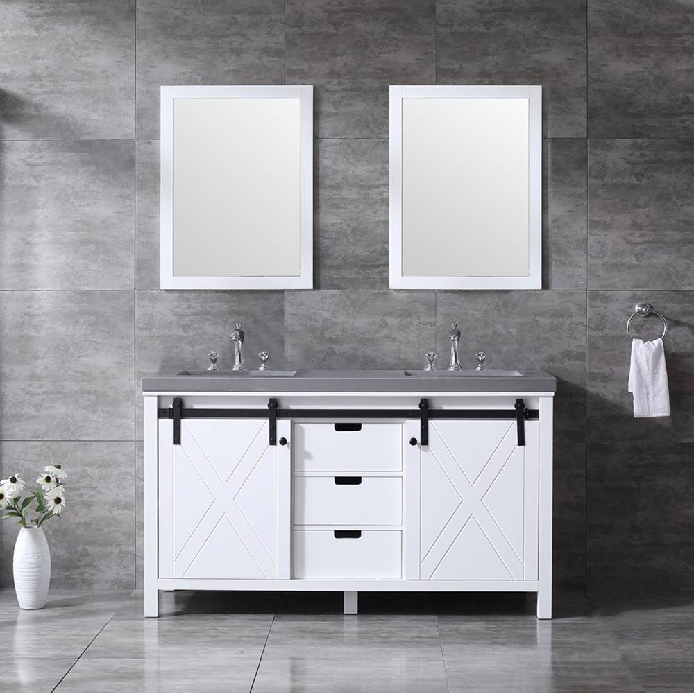 Lexora Marsyas 60'' White Double Vanity, Grey Quartz Top, White Square Sinks and 24'' Mirrors w/ Faucets