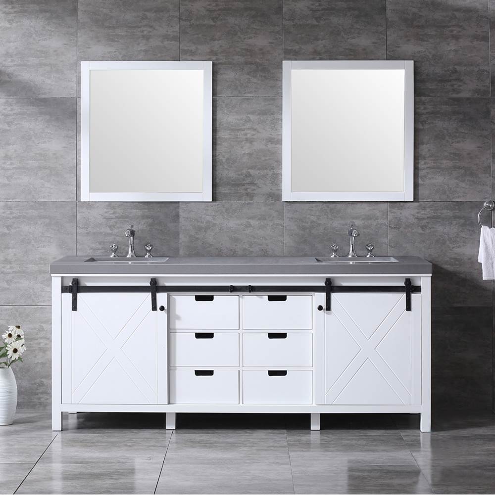 Lexora Marsyas 80'' White Double Vanity, Grey Quartz Top, White Square Sinks and 30'' Mirrors w/ Faucets