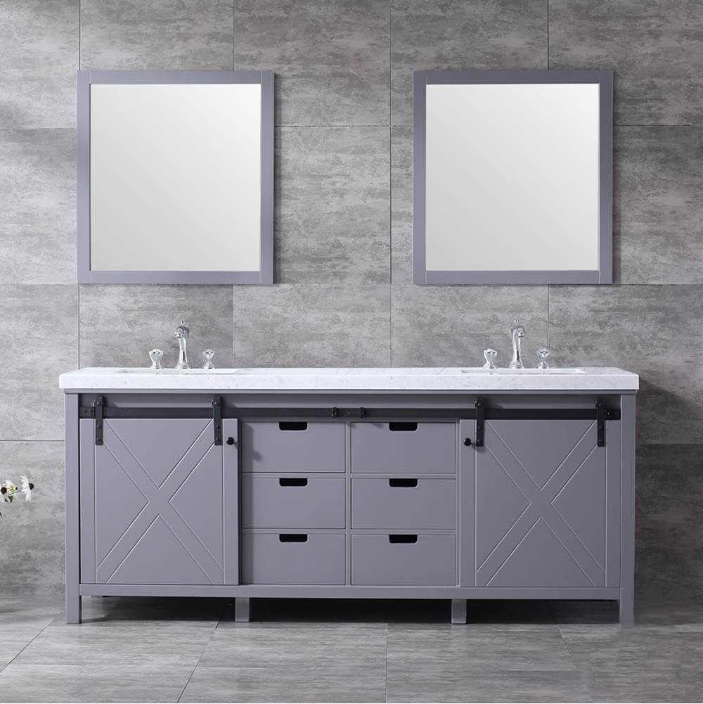Lexora Marsyas 80'' Dark Grey Double Vanity, White Carrara Marble Top, White Square Sinks and 30'' Mirrors w/ Faucets