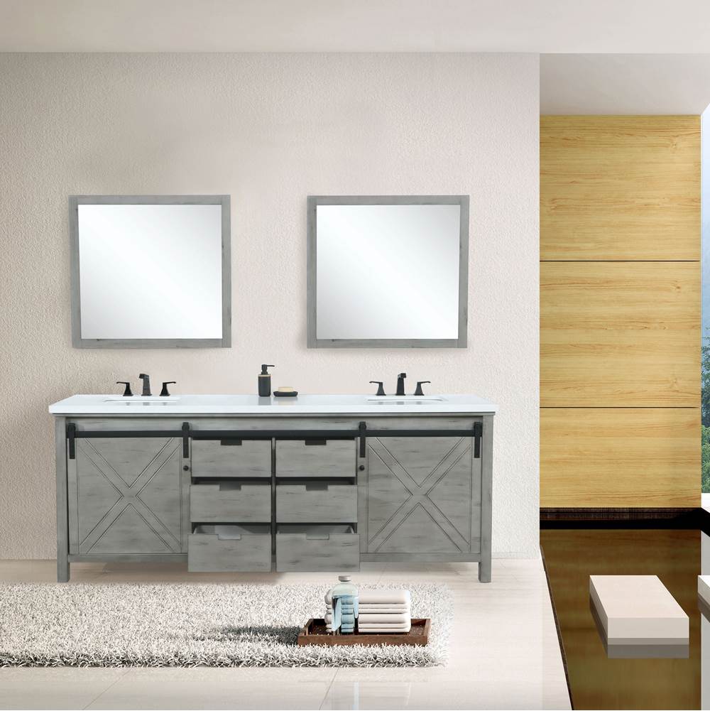 Lexora Marsyas 80'' Ash Grey Double Vanity Ash Grey, White Quartz Top, White Square Sinks and 30'' Mirrors w/ Faucets