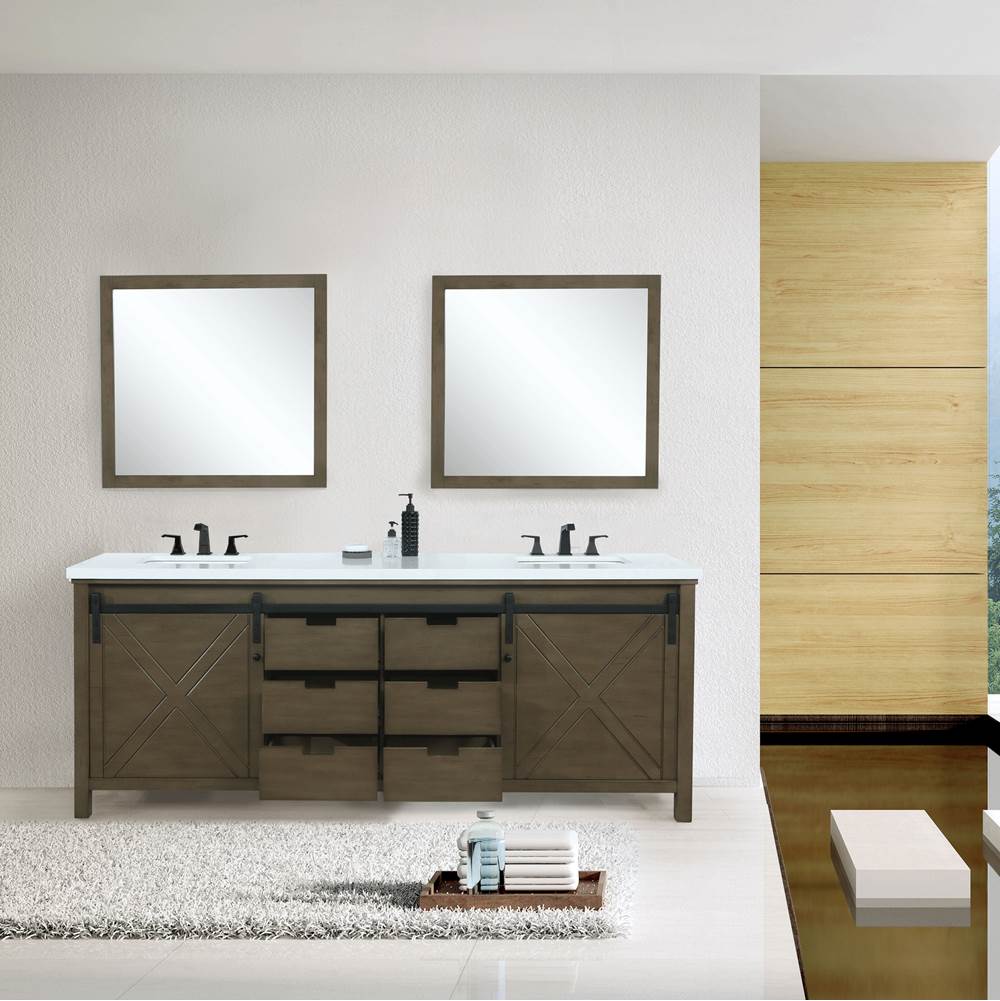 Lexora Marsyas 80'' Rustic Brown Double Vanity, White Quartz Top, White Square Sinks and 30'' Mirrors w/ Faucets