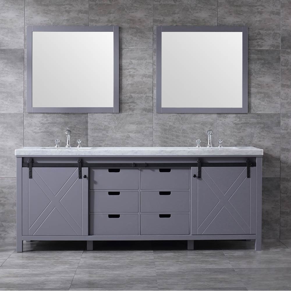 Lexora Marsyas 84'' Dark Grey Double Vanity, White Carrara Marble Top, White Square Sinks and 34'' Mirrors w/ Faucets
