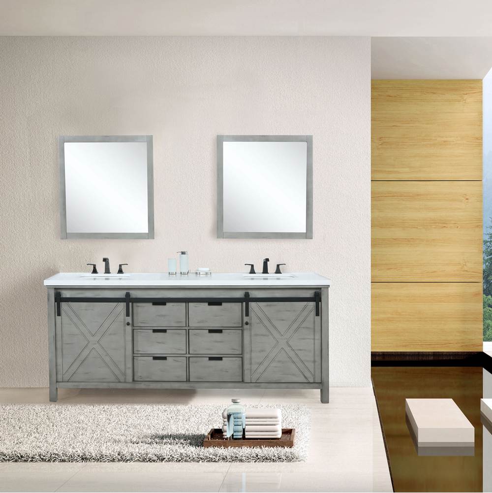 Lexora Marsyas 84'' Ash Grey Double Vanity, White Quartz Top, White Square Sinks and 34'' Mirrors w/ Faucets
