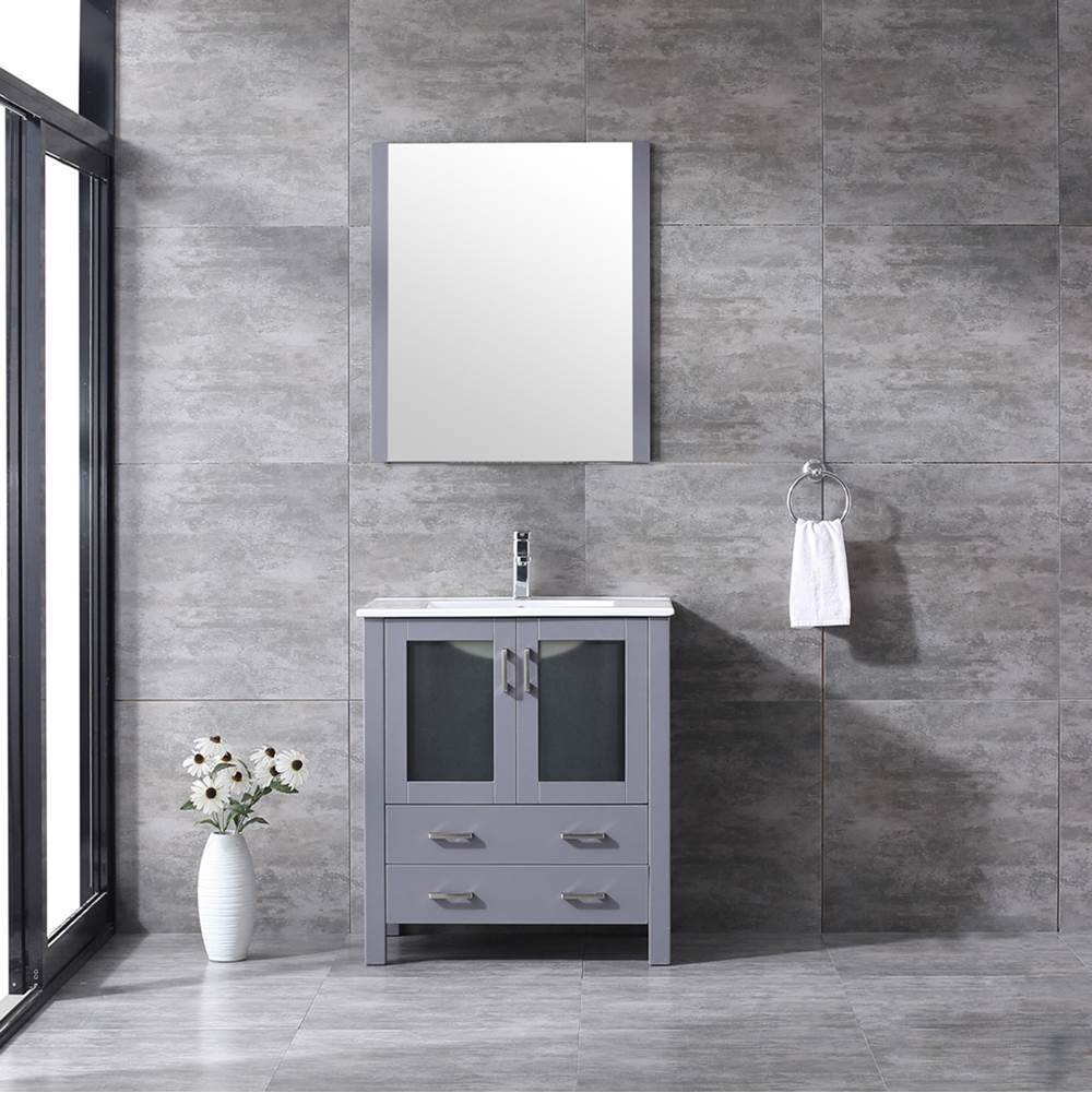 Lexora Volez 30'' Dark Grey Single Vanity, Integrated Top, White Integrated Square Sink and 28'' Mirror w/ Faucet